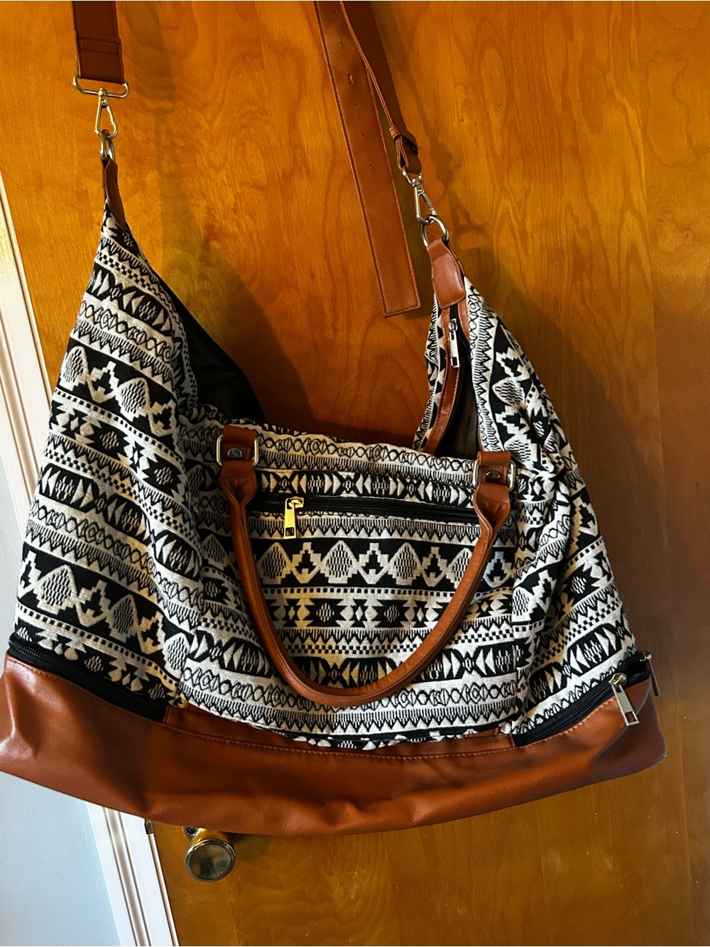 Black & White Aztec duffle bag with Brown Trim - Women's Bag with makeup bag